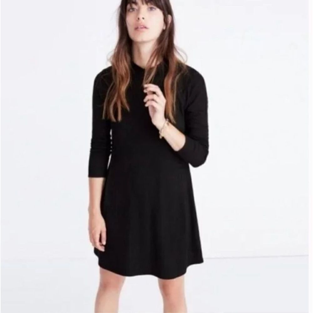 Madewell Cityblock Mockneck Dress Black Ribbed Long Sleeve Stretch Swing Size S